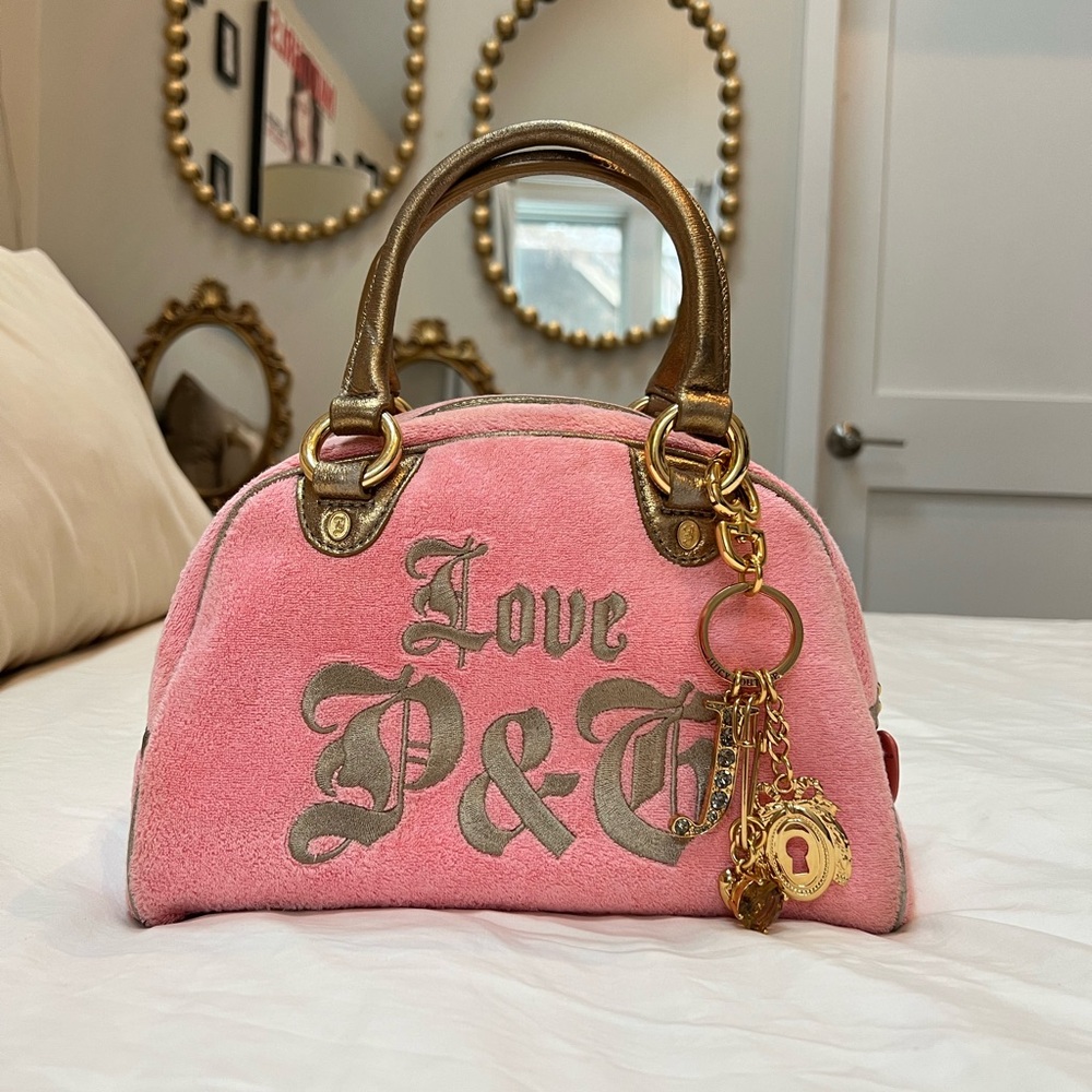 🌴 RARE Y2K Vintage Juicy Couture Isle De Juicy Terry Cloth Satchel - Pink & Gold - Picture 3 of 16